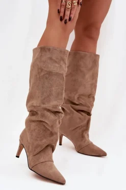 Discount Boto Marszczone Kozaki Na Szpilce Z Eko Zamszu Ocieplane Beżowe Mavella Beżowy