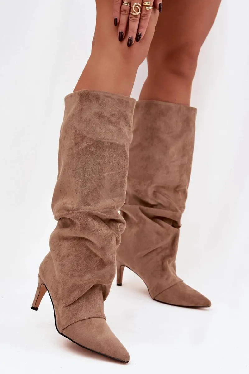 Discount Boto Marszczone Kozaki Na Szpilce Z Eko Zamszu Ocieplane Beżowe Mavella Beżowy