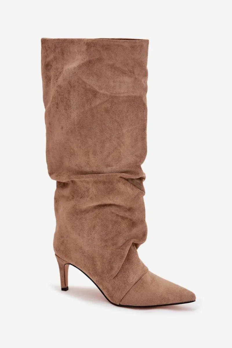 Discount Boto Marszczone Kozaki Na Szpilce Z Eko Zamszu Ocieplane Beżowe Mavella Beżowy