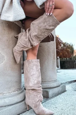 Discount Boto Marszczone Kozaki Na Szpilce Z Eko Zamszu Ocieplane Beżowe Mavella Beżowy