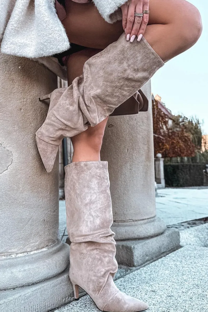 Discount Boto Marszczone Kozaki Na Szpilce Z Eko Zamszu Ocieplane Beżowe Mavella Beżowy