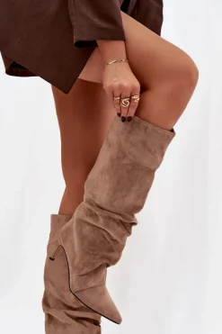 Discount Boto Marszczone Kozaki Na Szpilce Z Eko Zamszu Ocieplane Beżowe Mavella Beżowy