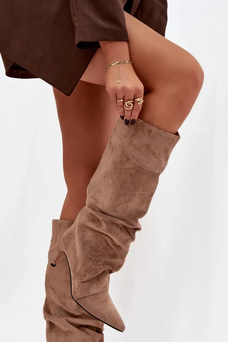 Discount Boto Marszczone Kozaki Na Szpilce Z Eko Zamszu Ocieplane Beżowe Mavella Beżowy