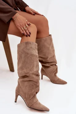 Discount Boto Marszczone Kozaki Na Szpilce Z Eko Zamszu Ocieplane Beżowe Mavella Beżowy