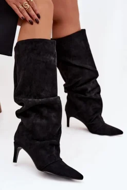 Kozaki Ocieplane|Kozaki Na Szpilce>Boto Marszczone Kozaki Na Szpilce Z Eko Zamszu Ocieplane Czarne Mavella Czarny