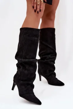 Kozaki Ocieplane|Kozaki Na Szpilce></noscript>Boto Marszczone Kozaki Na Szpilce Z Eko Zamszu Ocieplane Czarne Mavella Czarny