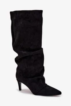 Kozaki Ocieplane|Kozaki Na Szpilce></noscript>Boto Marszczone Kozaki Na Szpilce Z Eko Zamszu Ocieplane Czarne Mavella Czarny