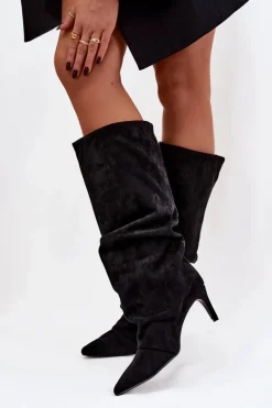 Kozaki Ocieplane|Kozaki Na Szpilce></noscript>Boto Marszczone Kozaki Na Szpilce Z Eko Zamszu Ocieplane Czarne Mavella Czarny