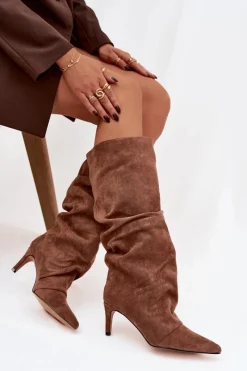Online Marszczone Kozaki Na Szpilce Z Eko Zamszu Ocieplane Ciemnobeżowe Mavella Damskie Kozaki Ocieplane|Kozaki Na Szpilce