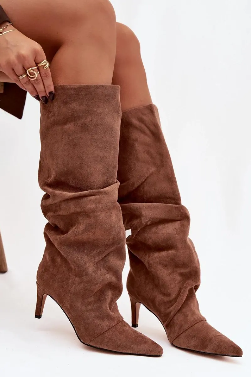 Online Marszczone Kozaki Na Szpilce Z Eko Zamszu Ocieplane Ciemnobeżowe Mavella Damskie Kozaki Ocieplane|Kozaki Na Szpilce