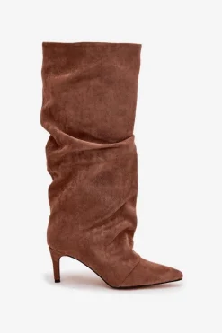 Online Marszczone Kozaki Na Szpilce Z Eko Zamszu Ocieplane Ciemnobeżowe Mavella Damskie Kozaki Ocieplane|Kozaki Na Szpilce