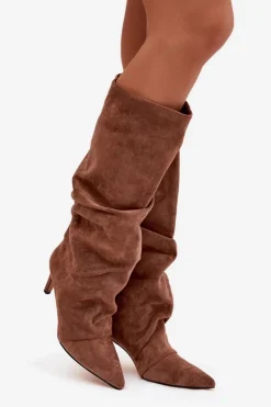 Online Marszczone Kozaki Na Szpilce Z Eko Zamszu Ocieplane Ciemnobeżowe Mavella Damskie Kozaki Ocieplane|Kozaki Na Szpilce