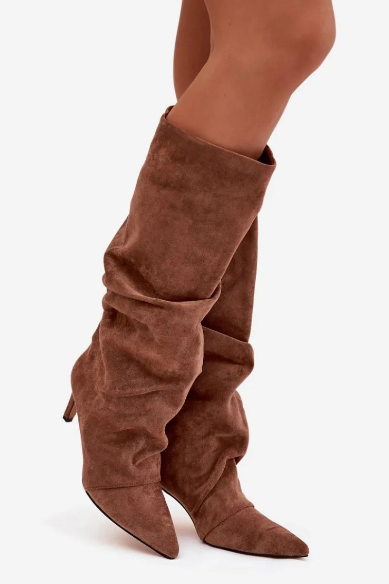 Online Marszczone Kozaki Na Szpilce Z Eko Zamszu Ocieplane Ciemnobeżowe Mavella Damskie Kozaki Ocieplane|Kozaki Na Szpilce