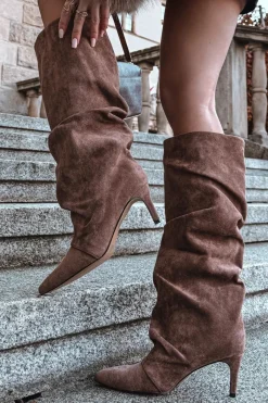 Online Marszczone Kozaki Na Szpilce Z Eko Zamszu Ocieplane Ciemnobeżowe Mavella Damskie Kozaki Ocieplane|Kozaki Na Szpilce