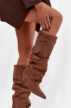 Online Marszczone Kozaki Na Szpilce Z Eko Zamszu Ocieplane Ciemnobeżowe Mavella Damskie Kozaki Ocieplane|Kozaki Na Szpilce