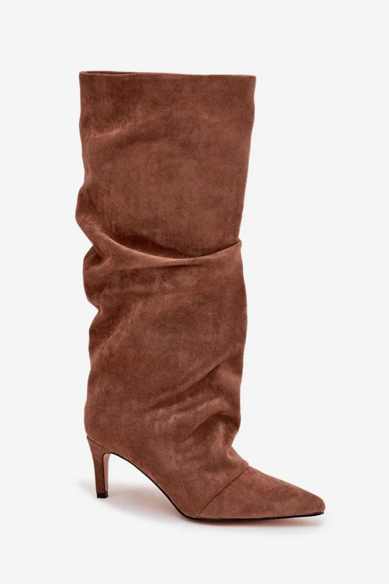 Online Marszczone Kozaki Na Szpilce Z Eko Zamszu Ocieplane Ciemnobeżowe Mavella Damskie Kozaki Ocieplane|Kozaki Na Szpilce