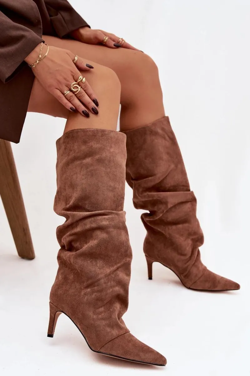 Online Marszczone Kozaki Na Szpilce Z Eko Zamszu Ocieplane Ciemnobeżowe Mavella Damskie Kozaki Ocieplane|Kozaki Na Szpilce