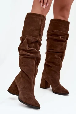 New Zazoo Marszczone Kozaki Z Naturalnego Zamszu Na Słupku Ocieplane 4228 Brązowe Brązowy