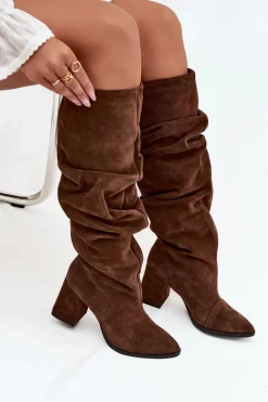 New Zazoo Marszczone Kozaki Z Naturalnego Zamszu Na Słupku Ocieplane 4228 Brązowe Brązowy