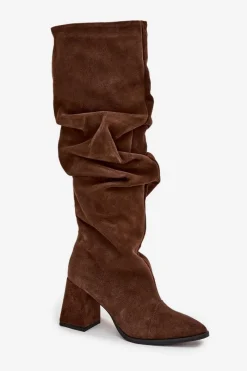 New Zazoo Marszczone Kozaki Z Naturalnego Zamszu Na Słupku Ocieplane 4228 Brązowe Brązowy