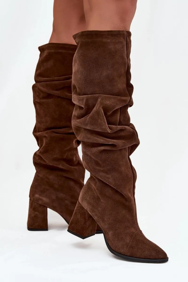 New Zazoo Marszczone Kozaki Z Naturalnego Zamszu Na Słupku Ocieplane 4228 Brązowe Brązowy