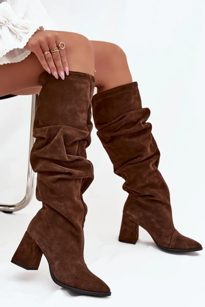 New Zazoo Marszczone Kozaki Z Naturalnego Zamszu Na Słupku Ocieplane 4228 Brązowe Brązowy