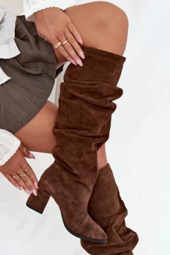 New Zazoo Marszczone Kozaki Z Naturalnego Zamszu Na Słupku Ocieplane 4228 Brązowe Brązowy