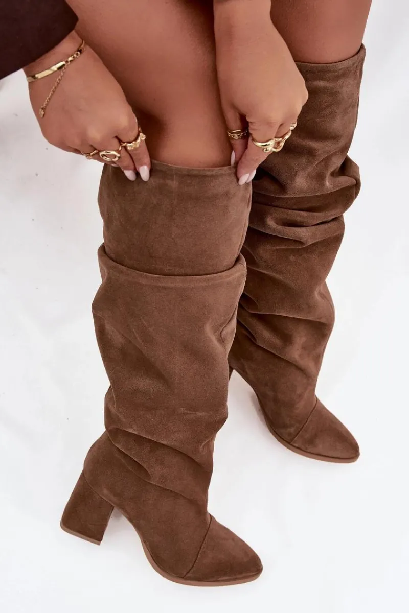 Online Marszczone Kozaki Z Naturalnego Zamszu Na Słupku Ocieplane 4228 Jasnobrązowe Damskie Kozaki Ocieplane|Kozaki Na Słupku