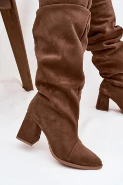 Online Marszczone Kozaki Z Naturalnego Zamszu Na Słupku Ocieplane 4228 Jasnobrązowe Damskie Kozaki Ocieplane|Kozaki Na Słupku