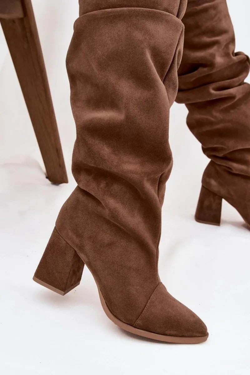 Online Marszczone Kozaki Z Naturalnego Zamszu Na Słupku Ocieplane 4228 Jasnobrązowe Damskie Kozaki Ocieplane|Kozaki Na Słupku