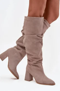 Outlet Zazoo Marszczone Kozaki Z Naturalnego Zamszu Na Słupku Ocieplane 4228 Beżowe Beżowy