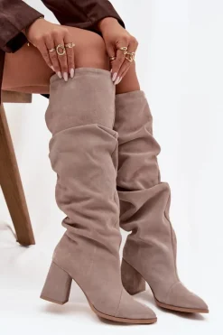 Outlet Zazoo Marszczone Kozaki Z Naturalnego Zamszu Na Słupku Ocieplane 4228 Beżowe Beżowy