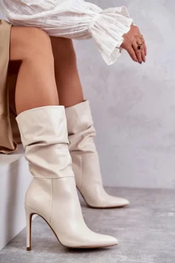 Online Boto Marszczone Skórzane Kozaki Na Szpilce Jasnobeżowe Caren