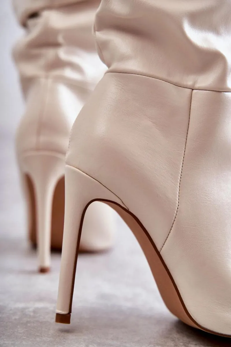 Online Boto Marszczone Skórzane Kozaki Na Szpilce Jasnobeżowe Caren