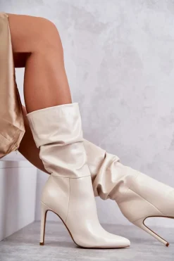 Online Boto Marszczone Skórzane Kozaki Na Szpilce Jasnobeżowe Caren