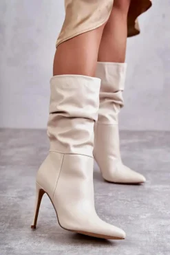 Online Boto Marszczone Skórzane Kozaki Na Szpilce Jasnobeżowe Caren