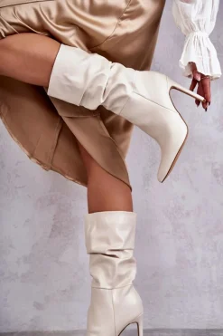 Online Boto Marszczone Skórzane Kozaki Na Szpilce Jasnobeżowe Caren