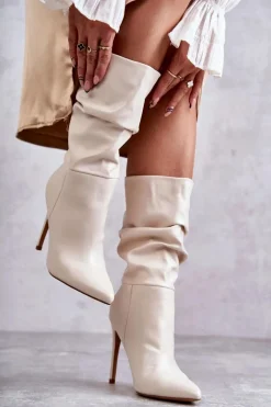 Online Boto Marszczone Skórzane Kozaki Na Szpilce Jasnobeżowe Caren