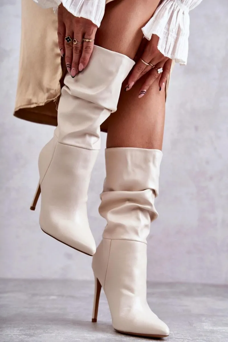 Online Boto Marszczone Skórzane Kozaki Na Szpilce Jasnobeżowe Caren