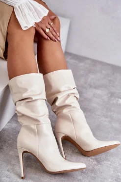Online Boto Marszczone Skórzane Kozaki Na Szpilce Jasnobeżowe Caren
