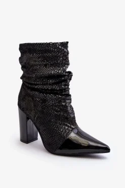 Sale Marszczone Wężowe Botki Na Obcasie Czarne Casima Damskie Botki Na Słupku|Czarne Botki