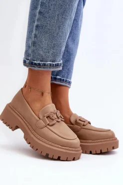 Outlet Boto Masywne Mokasyny Damskie Z Łańcuchem Beżowe Dataia