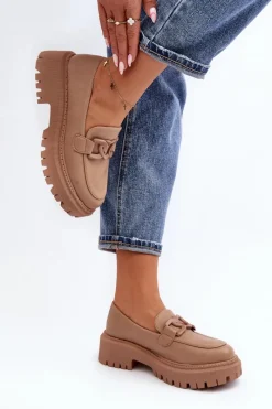 Outlet Boto Masywne Mokasyny Damskie Z Łańcuchem Beżowe Dataia