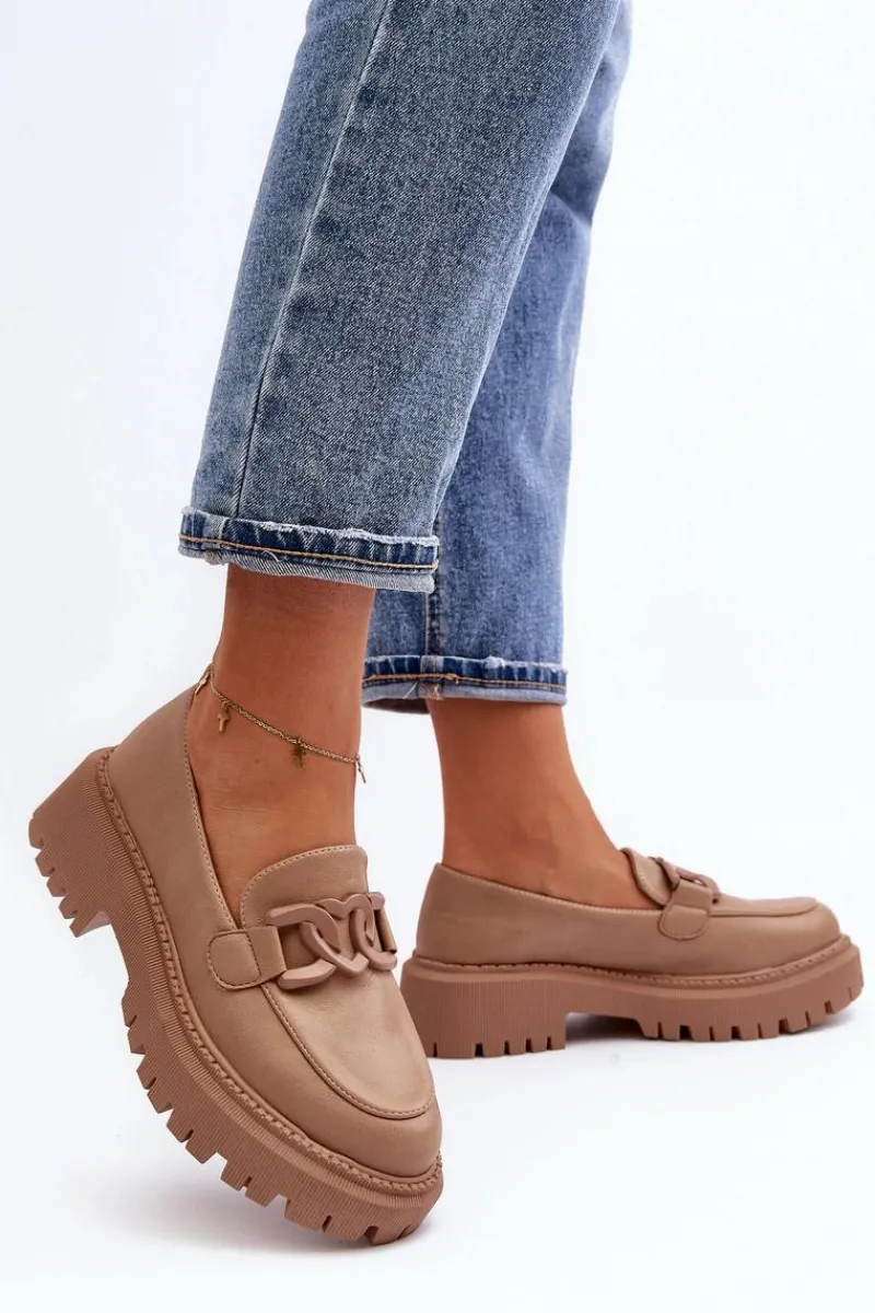 Outlet Boto Masywne Mokasyny Damskie Z Łańcuchem Beżowe Dataia