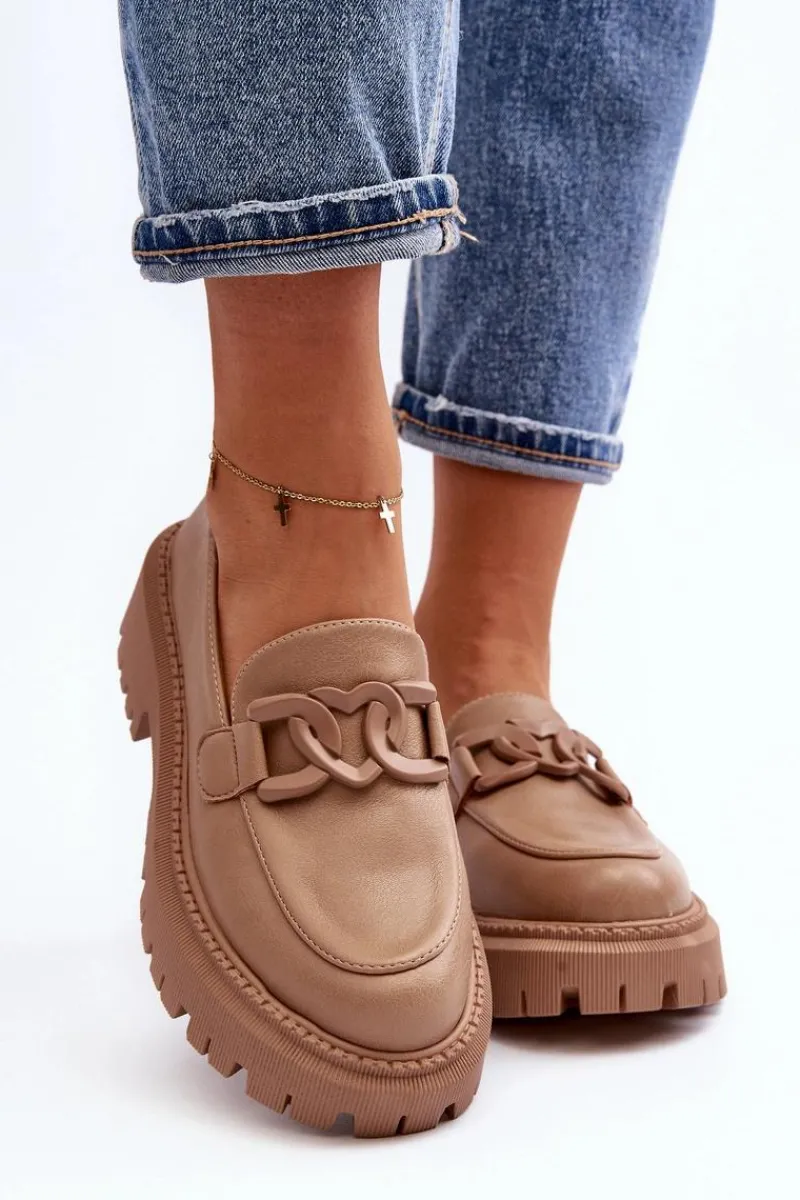 Outlet Boto Masywne Mokasyny Damskie Z Łańcuchem Beżowe Dataia