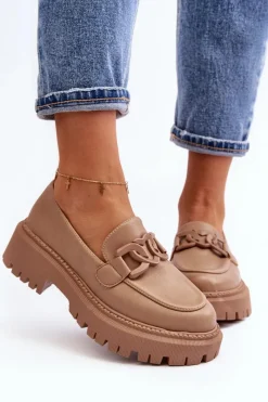 Outlet Boto Masywne Mokasyny Damskie Z Łańcuchem Beżowe Dataia