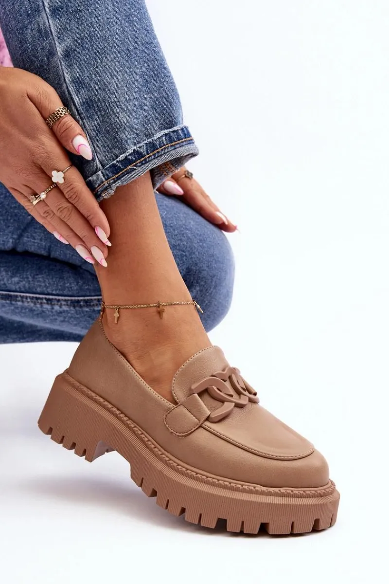 Outlet Boto Masywne Mokasyny Damskie Z Łańcuchem Beżowe Dataia