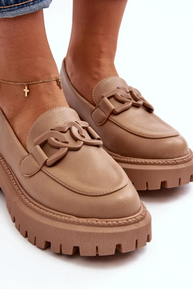 Outlet Boto Masywne Mokasyny Damskie Z Łańcuchem Beżowe Dataia