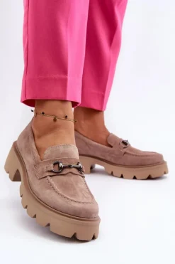 Discount Masywne Mokasyny Damskie Zamszowe Beżowe Neloria Damskie Loafersy Damskie|Mokasyny Płaskie