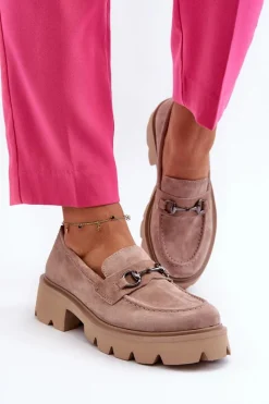 Discount Masywne Mokasyny Damskie Zamszowe Beżowe Neloria Damskie Loafersy Damskie|Mokasyny Płaskie